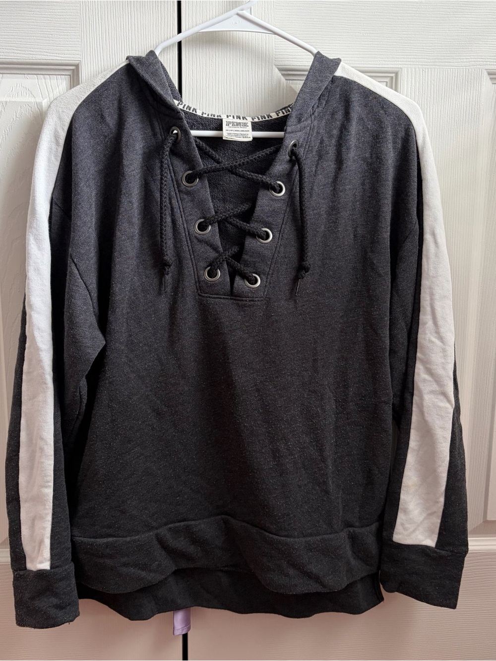 PINK Victoria's Secret Lace-Up Hooded Sweatshirt - Black with White Stripe